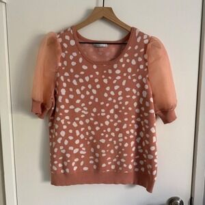 Kaily K Womens Peach White Polka Dot Sheer Puff Sleeve Knit Sweater Top Girlhood